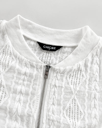 Jacquard & Diamond Pattern Design Hollow-out Lightweight Baseball Coat Casual Zip Up Bomber Jacket