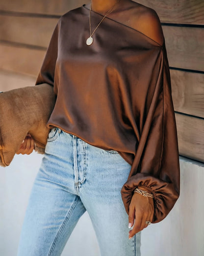 Women's Off Shoulder Satin Blouse Lantern Long Sleeve Shirt Casual Loose Fit Skew Neck Top