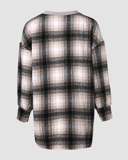 Plaid Print Spliced Long Sleeve Drop Shoulder Sweatshirt Casual Side Slit Top