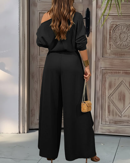 Two-Piece Set Cold Shoulder Batwing Sleeve Top and Casual Elastic Waist Slit Wide Leg Pants