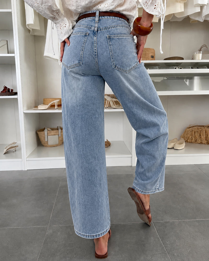 Women's High Waist Seam Detail Washed Wide Leg Cropped Jeans