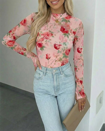 Floral Print Mock Neck Long Sleeve Tee Slim Fit Sheer Mesh Layering Top with Thumb Hole Cuffs