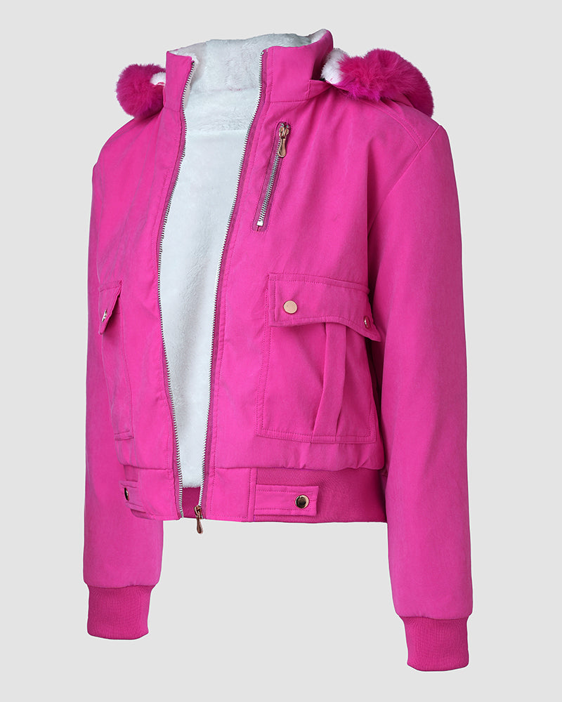 Fuzzy Trim Jacket Hooded Zip Up Fleece Lined Coat Outwear with Pockets