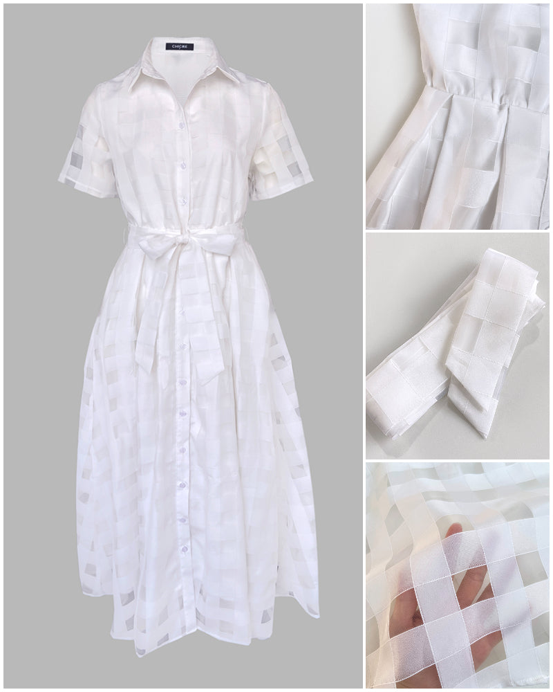 Turn Down Collar Plaid Mesh Double Layered Cinched Waist Maxi Dress Button Down Bow Tie Waist Commuting Dress