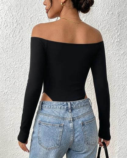 Women's Off Shoulder Bodysuit Minimalist Long Sleeve Sexy Slim Fit Bodysuit with Built-In Bra