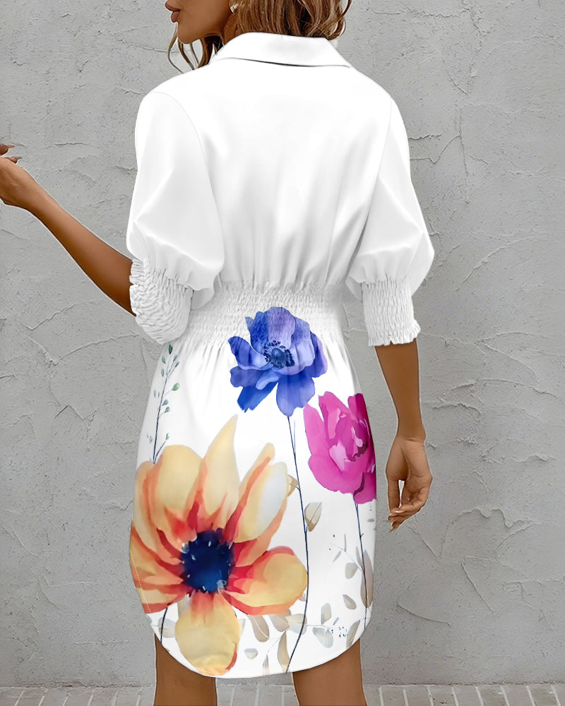 Floral Print Turn-down Collar Long Sleeve Casual Pressed Pleats Shirt Dress