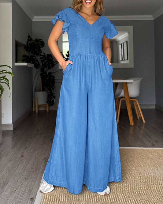 V-Neck Flutter Sleeve Cinched Waist Wide Leg Denim Look Overalls Casual High Waist Backless Shirred Back Jumpsuit
