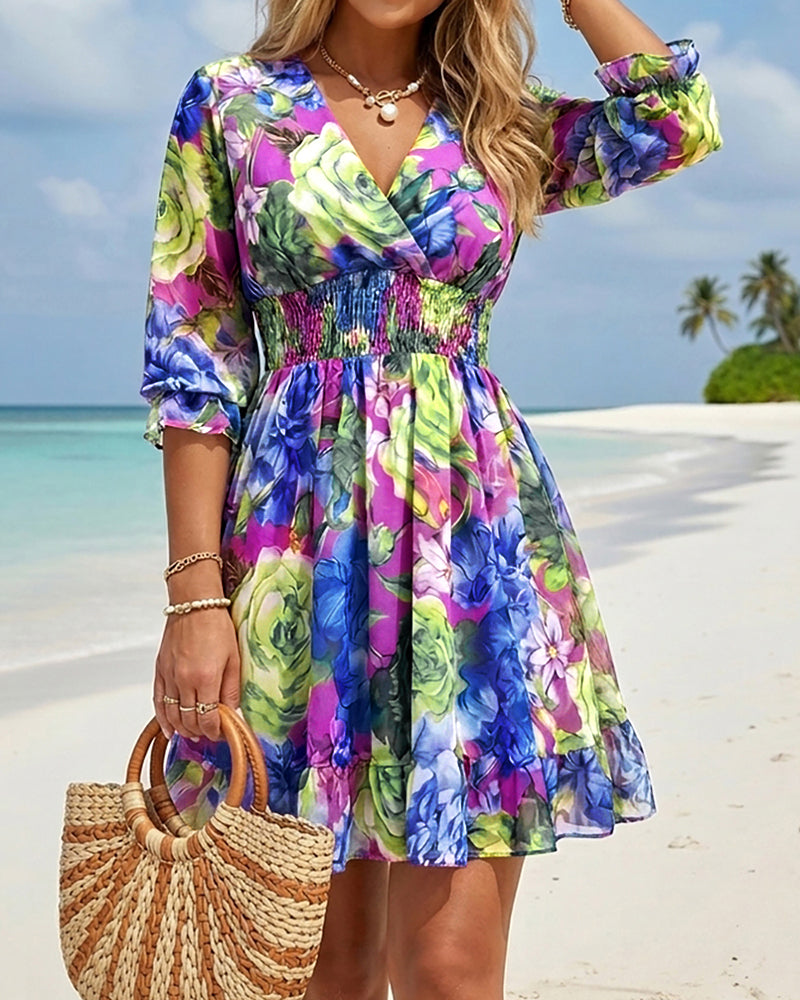 Floral Print Overlap V Neck Long Sleeve Shirred Waist Ruffle Hem Dress Casual Cinched Waist Flared Cuffs Chiffon Vacation Dress with Lining