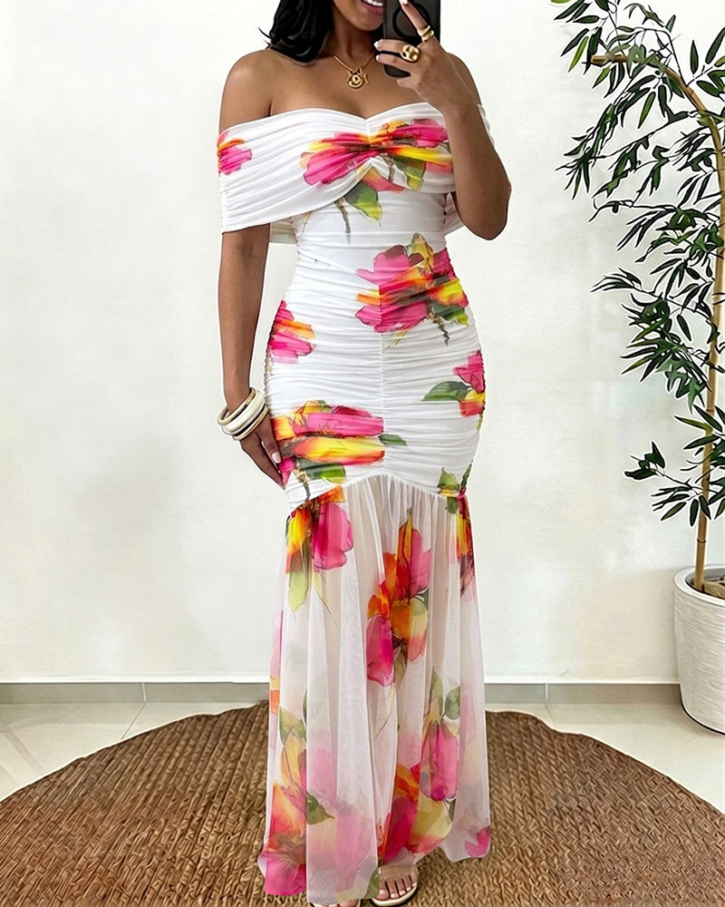 Women's Off Shoulder Floral Mesh Maxi Dress Ruched Bodycon Mermaid Dress Elegant Evening Gown with Detachable Clear Straps