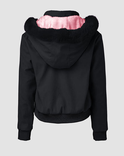 Fuzzy Trim Jacket Hooded Zip Up Fleece Lined Coat Outwear with Pockets