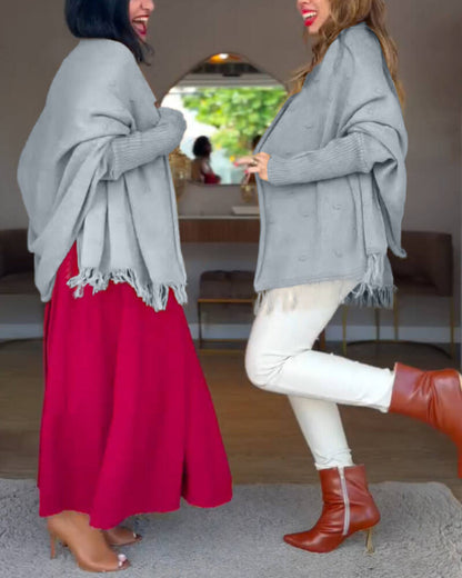 Tassel Design Long Sleeve Slit Cardigan Fashion Versatile Warm Cape Shawl