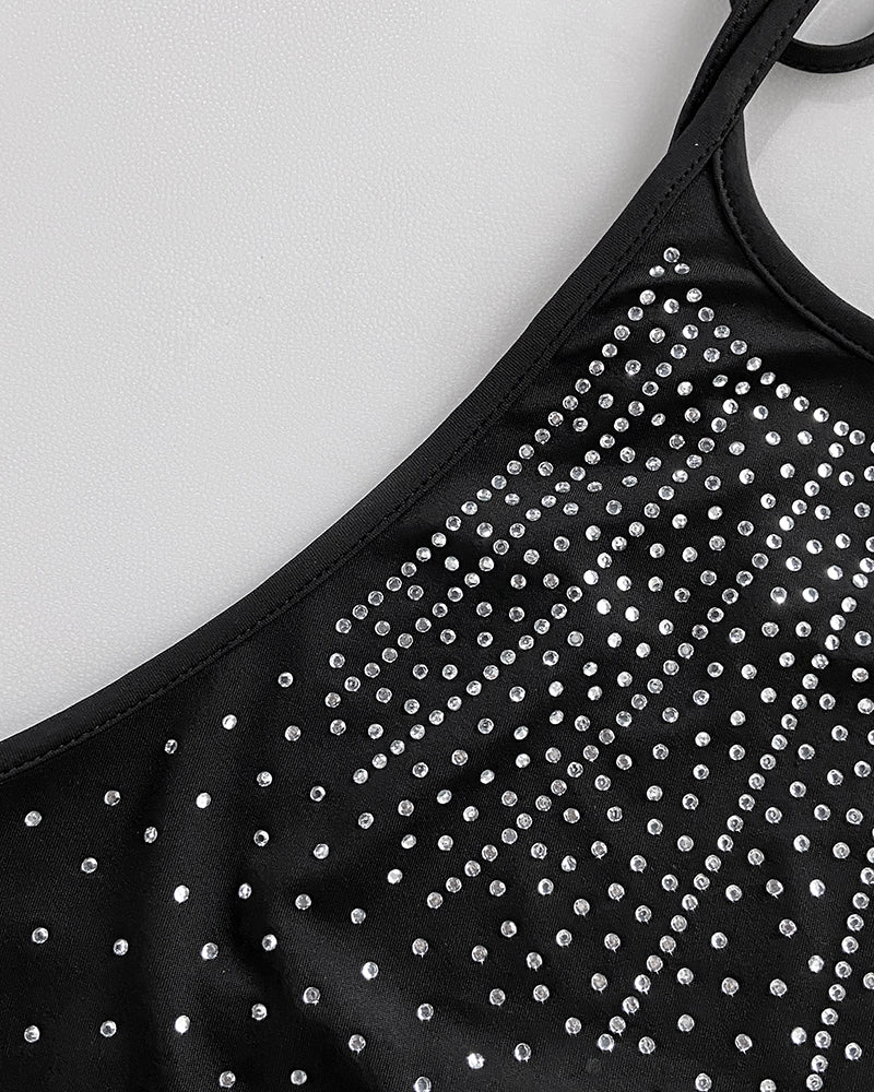 Rhinestone Decor Halter Tie Cowl Neck Long Sleeve Tee Casual Sheer Mesh Spliced Backless Top