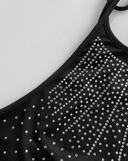 Rhinestone Decor Halter Tie Cowl Neck Long Sleeve Tee Casual Sheer Mesh Spliced Backless Top