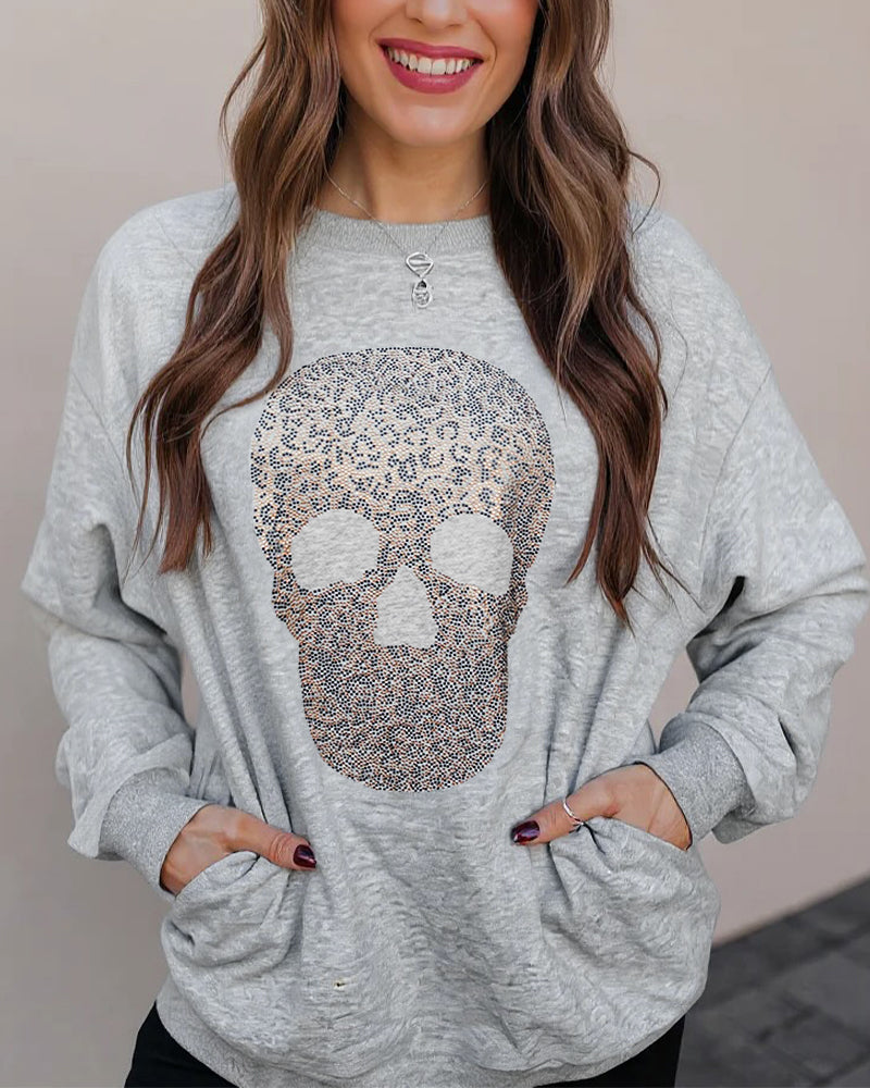 Women's Rhinestone Skull Graphic Loose Sweatshirt Drop Shoulder Crewneck Pullover Top