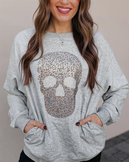 Women's Rhinestone Skull Graphic Loose Sweatshirt Drop Shoulder Crewneck Pullover Top