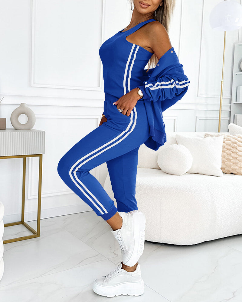 Conjunto de 3 piezas: abrigo con botones a presión delanteros, pantalones elásticos con cintura elástica, costuras delanteras y puños elásticos, y camiseta de tirantes; chándal casual con rayas laterales en contraste
