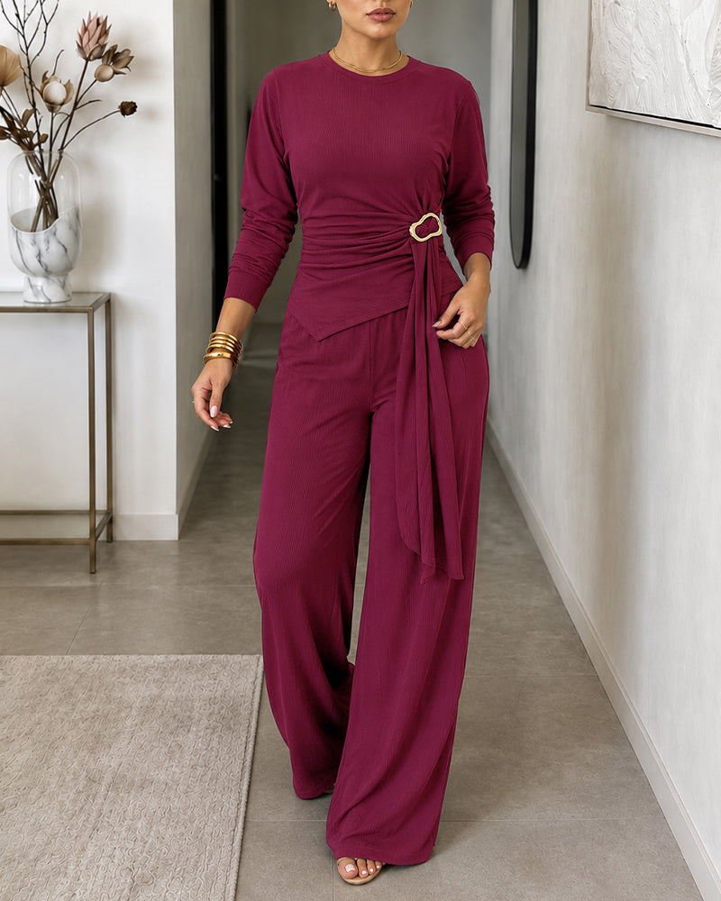 Women's 2 Piece Ribbed Knit Set Gold Buckle Asymmetric Long Sleeve Draped Top and Wide Leg Pants Set
