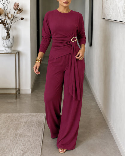 Women's 2 Piece Ribbed Knit Set Gold Buckle Asymmetric Long Sleeve Draped Top and Wide Leg Pants Set