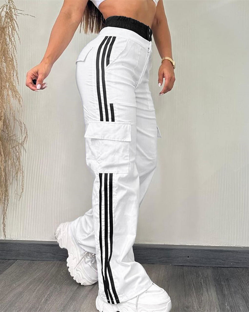 Contrast Side Striped Zipper Fly Stretchy High Waist Pants Flap Pockets Design Double Waistband Cargo Pants