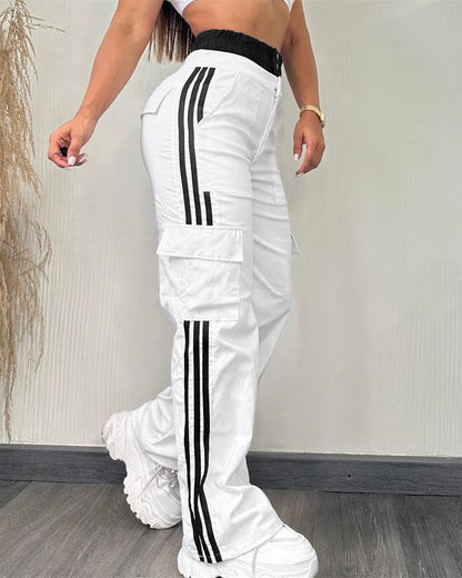Contrast Side Striped Zipper Fly Stretchy High Waist Pants Flap Pockets Design Double Waistband Cargo Pants