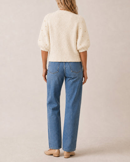 Women's Boucle Knit Cardigan Gold Beaded Puff Sleeve Sweater Crewneck Button Up Elegant Crop Outerwear