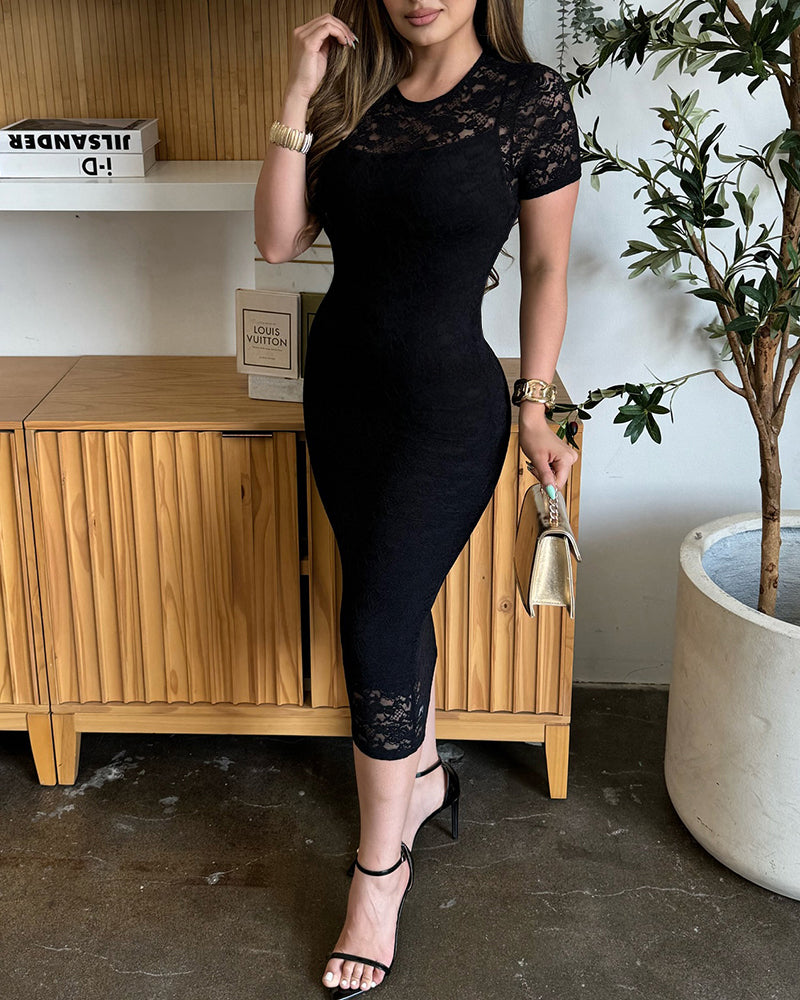 2 Pieces Outfit Short Sleeve Slim Fit Mid-length Lace Dress with U-Neck Adjustable Spaghetti Straps Cami Dress