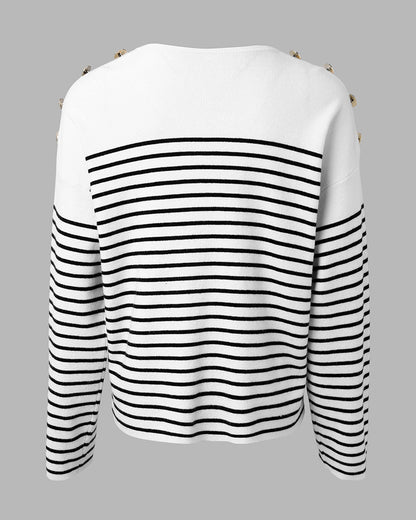 Women's Striped Knit Top Notch Neck Gold Button Drop Shoulder Long Sleeve Sweater