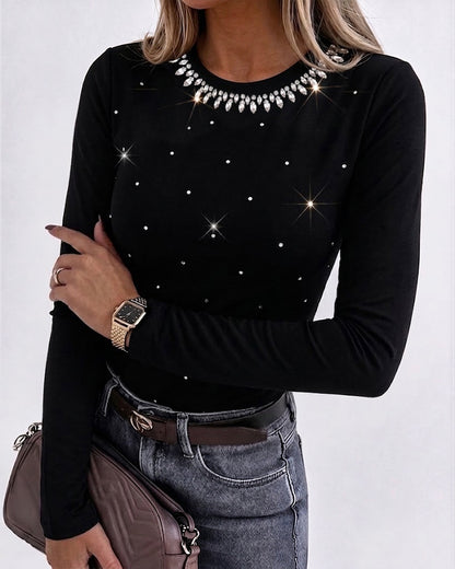 Women's Rhinestone Crewneck Long Sleeve Slim Fit Top