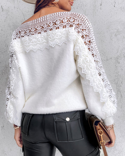Crewneck Guipure Lace Long Sleeve Hollow Out Knit Sweaters Pullover Tops