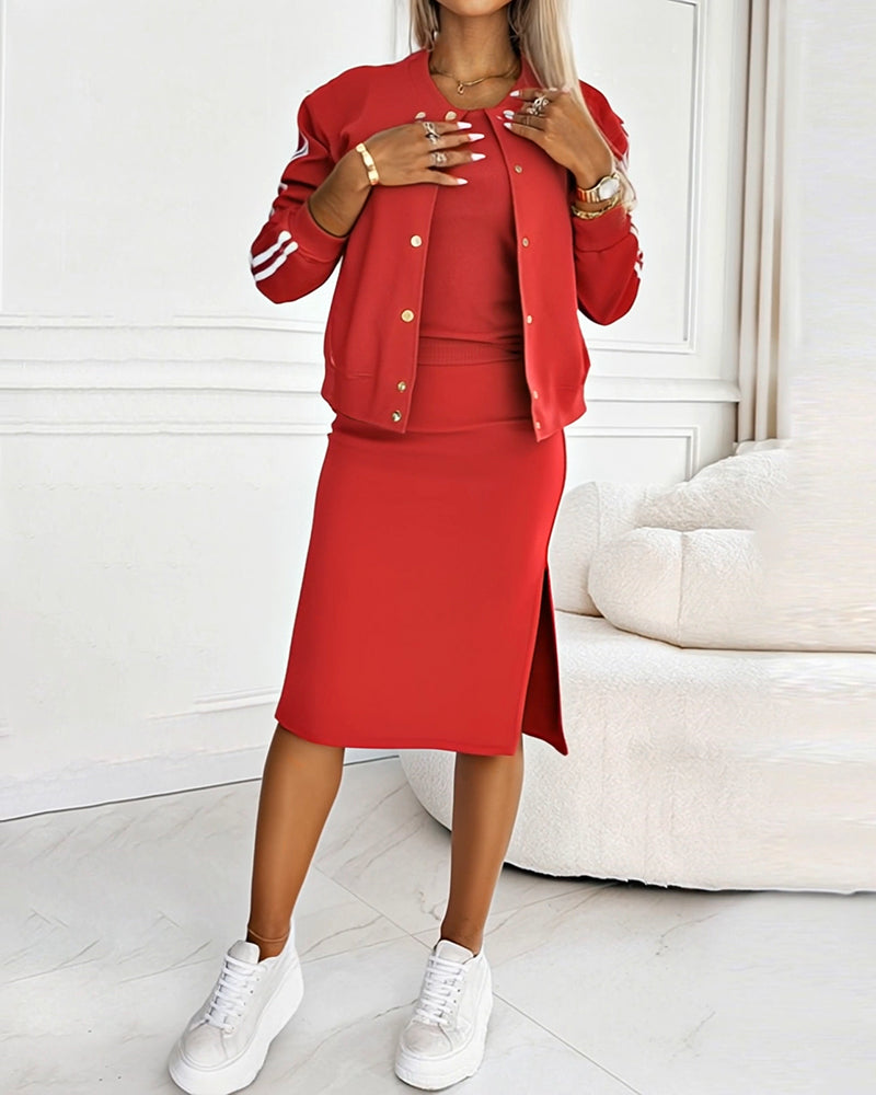 3 Pieces Outfit Sporty Striped Long Sleeve Baseball Coat and Ribbed Knit Tank with Slim Fit Slit Skirt Set