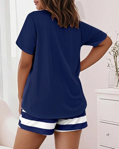 2 Pieces Outfit Anchor Print Round Neck Short Sleeve Top and Striped Elastic Waist Shorts Set Casual Pajamas Set