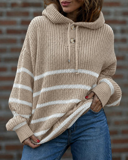 Women's Striped Henley Drawstring Hooded Sweater Loose Fit Lantern Sleeve Knit Pullover