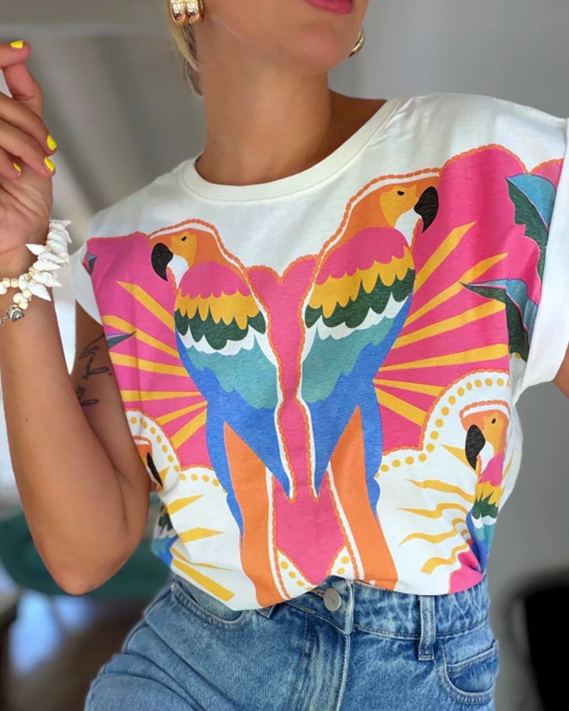 Colorblock Parrots Print O-neck Short Sleeve Tee Casual Rolled Cuffs Top