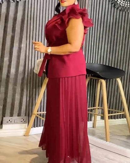 Trendy Two-Piece Set Ruffles Sleeve Waist Tied Detail Blazer and Casual Wide Leg Pleated Pants Set