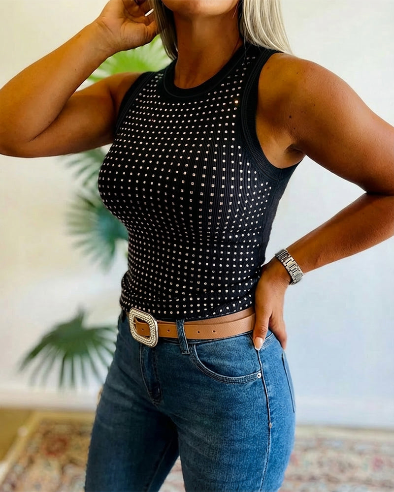 Ärmelloses T-Shirt mit Strass-Dekor, O-Ausschnitt, schmal geschnittenes, geripptes Tanktop