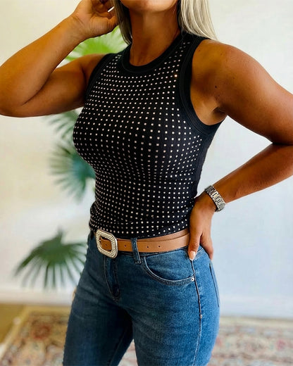Ärmelloses T-Shirt mit Strass-Dekor, O-Ausschnitt, schmal geschnittenes, geripptes Tanktop