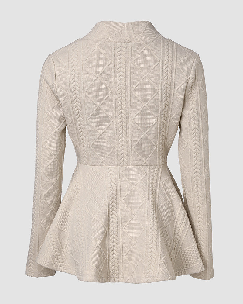 Shawl Collar Cable Textured Single Breasted Ruffle Hem Coat