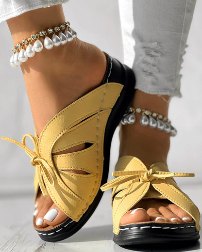 Hollow Out Tied Detail Wedge Slippers