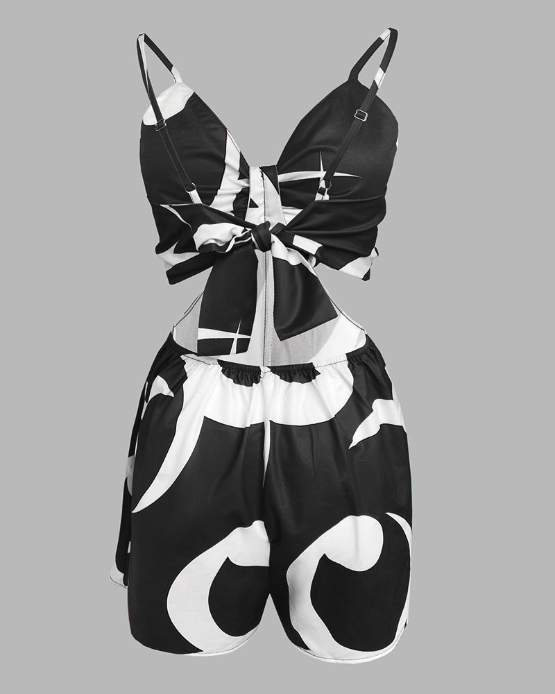 Floral Print Deep V-Neck Adjustable Spaghetti Straps Romper Casual Tied Back Cutout Slim Fit Skort Romper