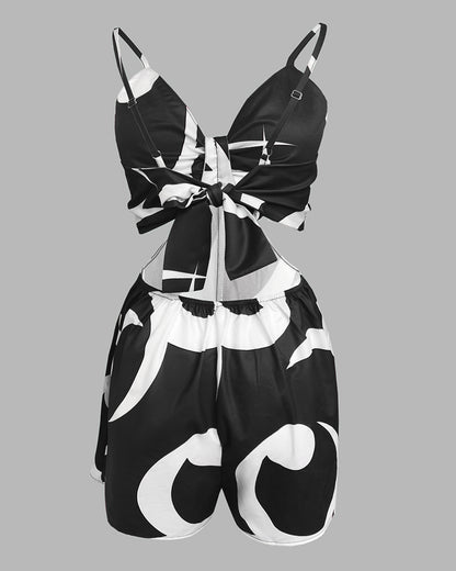 Floral Print Deep V-Neck Adjustable Spaghetti Straps Romper Casual Tied Back Cutout Slim Fit Skort Romper