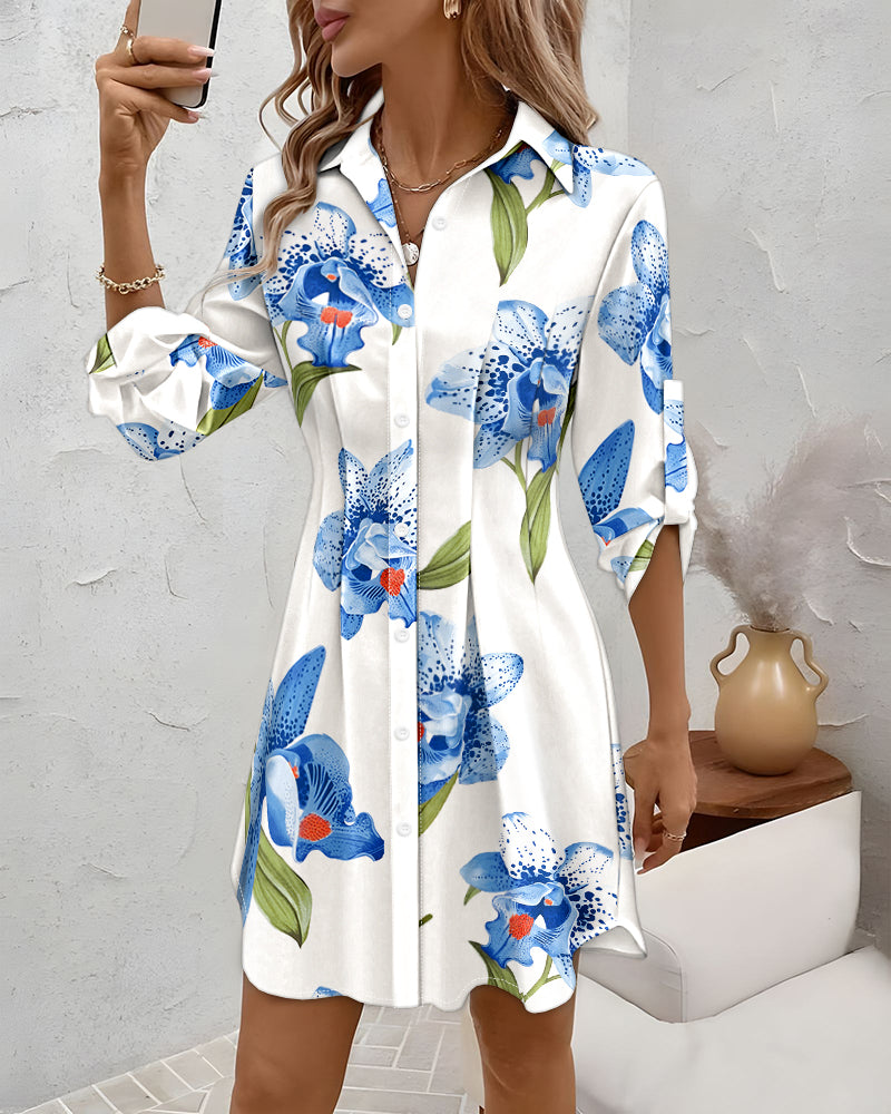 Floral Print Turn-down Collar Turn-Up Sleeves Shirred Back Shirt Dress Casual Button Down Cinched Waist Asymmetrical Hem Vacation Dress