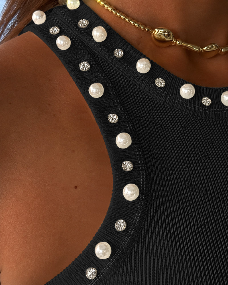 Women's Pearls Rhinestone Knit Racerback Tank Top Ribbed Crewneck Sleeveless Top