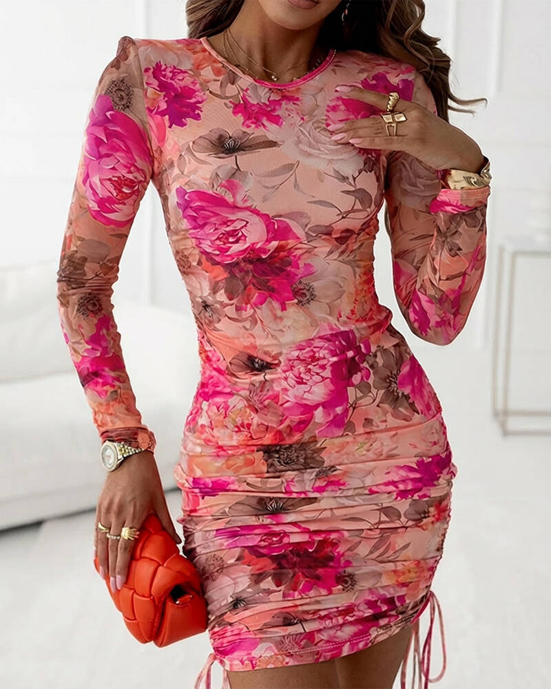 Floral Print Long Sleeve Side Drawstring Bodycon Dress Elegant Zipper Back Sheer Mesh Vacation Dress with Lining