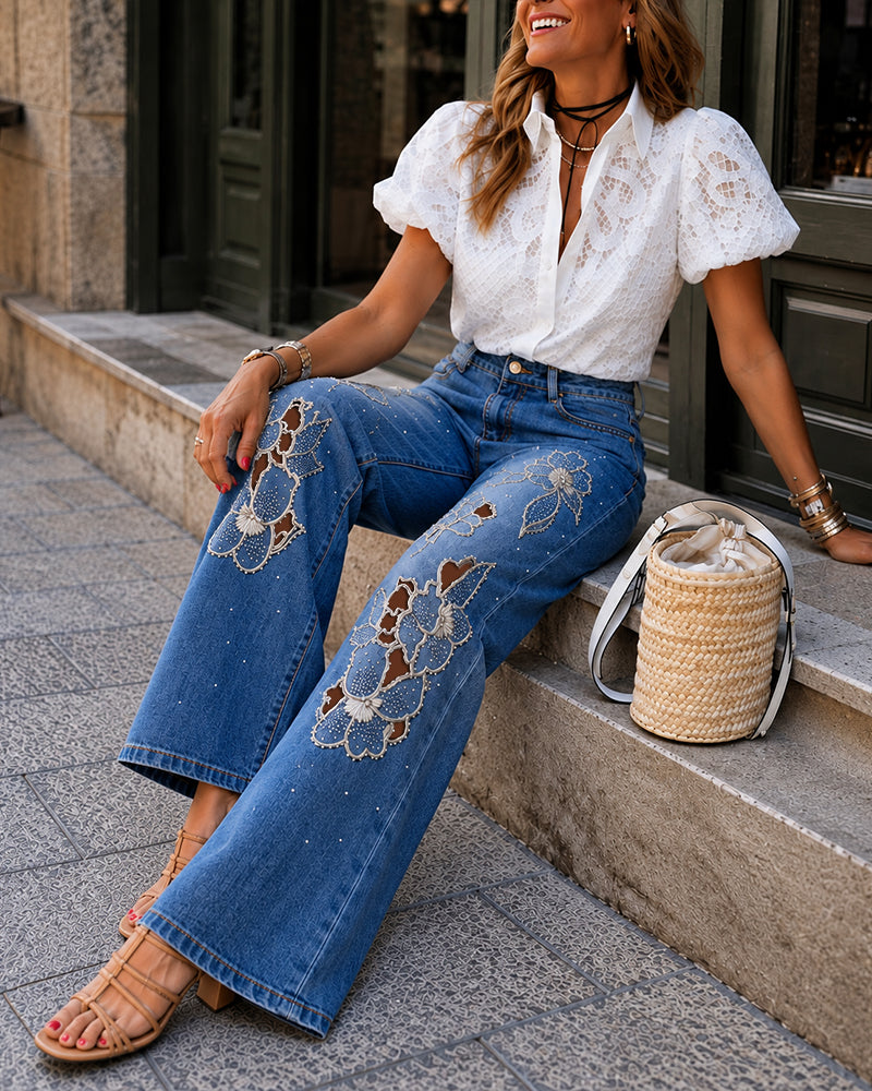 Women's Embroidered Floral Pattern Rhinestone Wide Leg Jeans High Waist Hollow-out Denim Pants