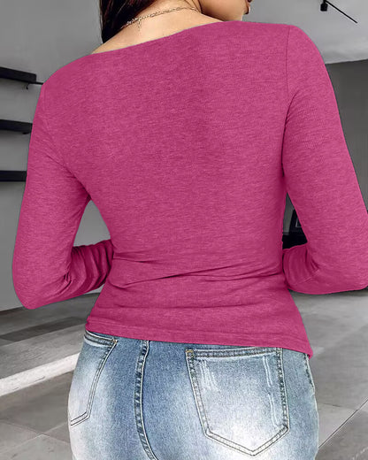 Chicme Built In Bra Notch Neck Long Sleeve Shirts Rib Knit Ruched Waist Top