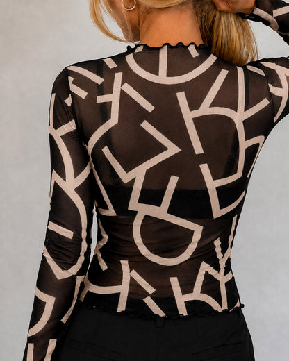 Women's Sheer Mesh Letter Print Mock Neck Frill Trim Long Sleeve Top