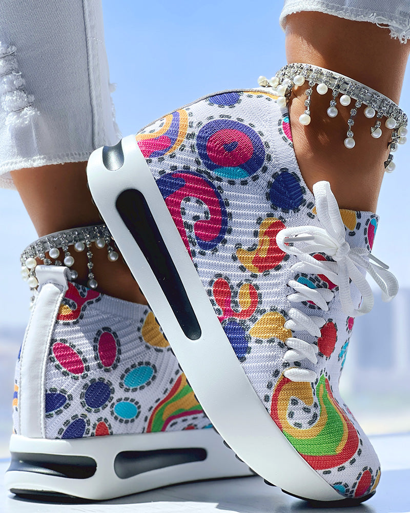 Abstract Print Side Lace-up Casual Wedge Sneakers