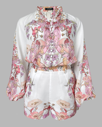 2 Pieces Outfit Floral Placement Print Stand Collar Button Button Front Lantern Sleeve Top and Casual Elastic Back Waist Shorts Set with Belt