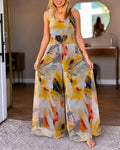 Women's V-Neck Floral Print Mesh Wide Leg Jumpsuit Stretchy Straps Shirred Waist Overalls