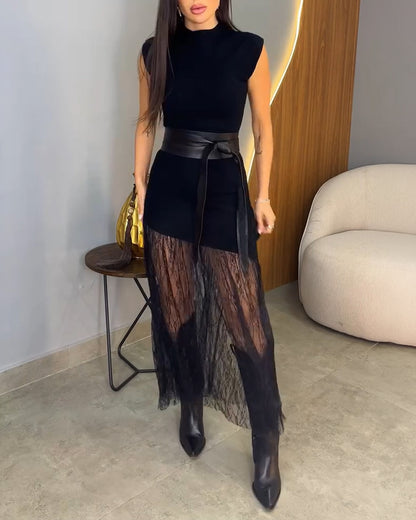 Women's Knit Lace Hem Maxi Dress Elegant Mock Neck Cap Sleeve Party Dress